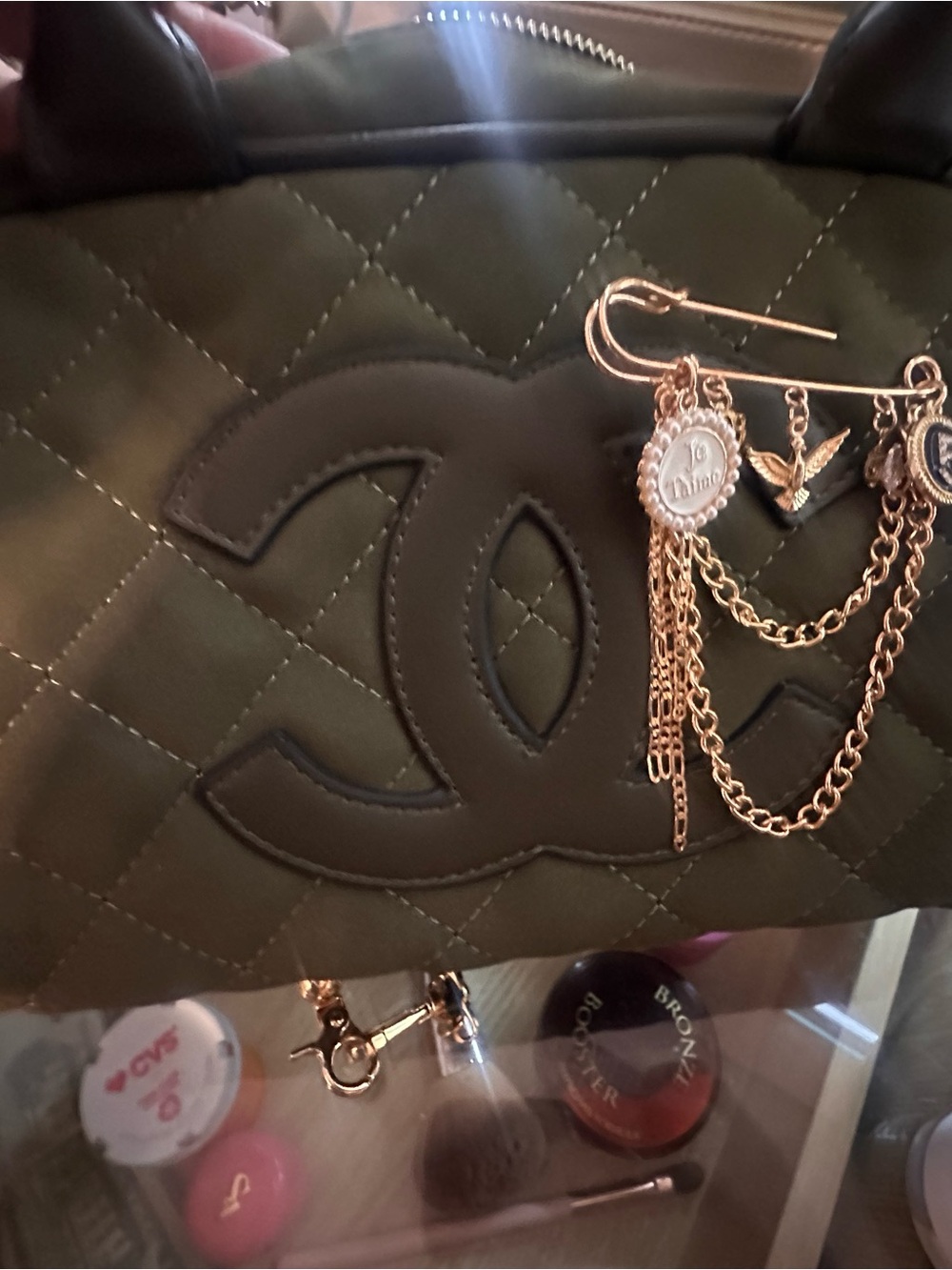 Quilted Olive Green Satchel with Black Trim and Gold Charm - Picture 2 of 5